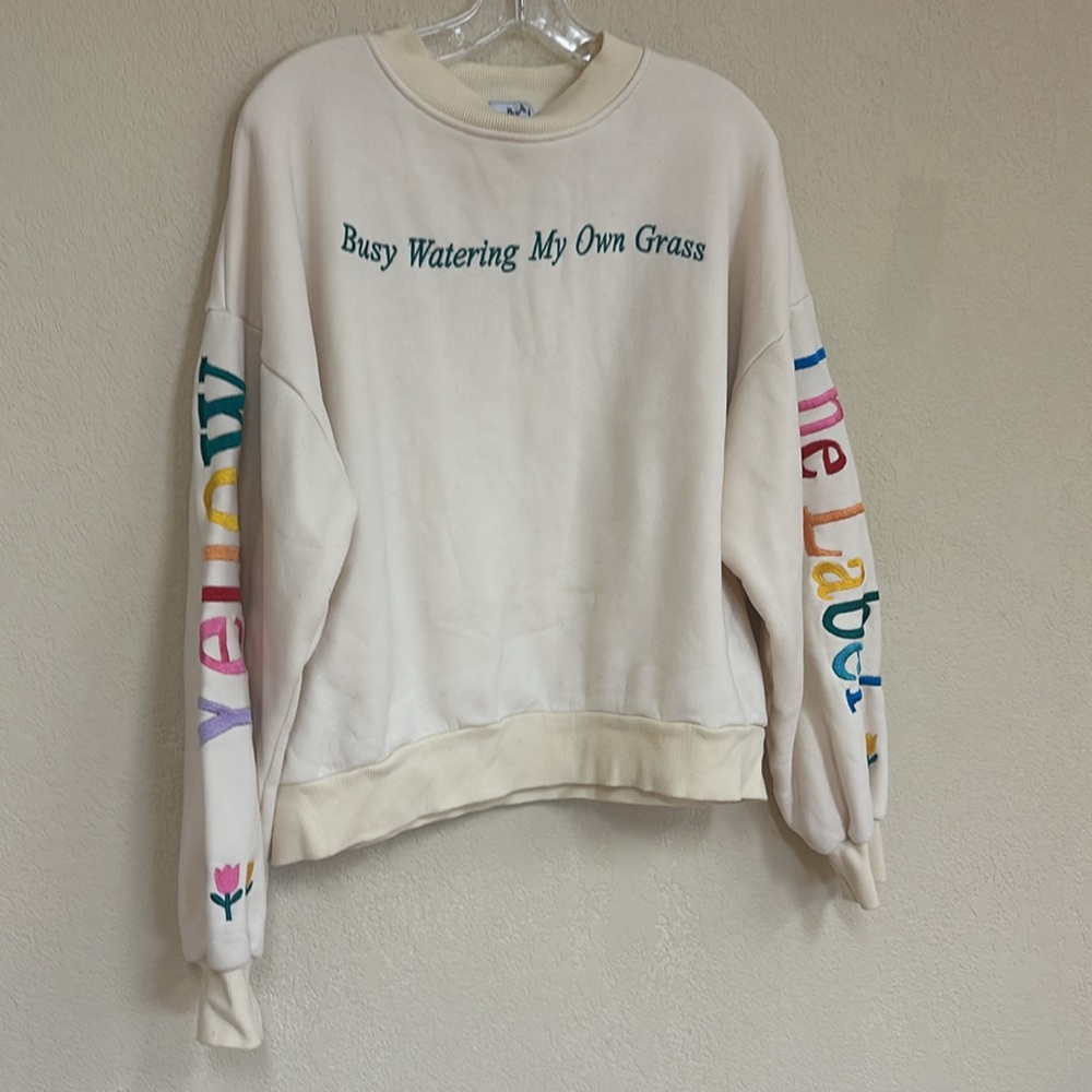 Cream Crewneck Sweatshirt w/ Rainbow Lettering & Embroidered Floral Accents - Picture 3 of 7